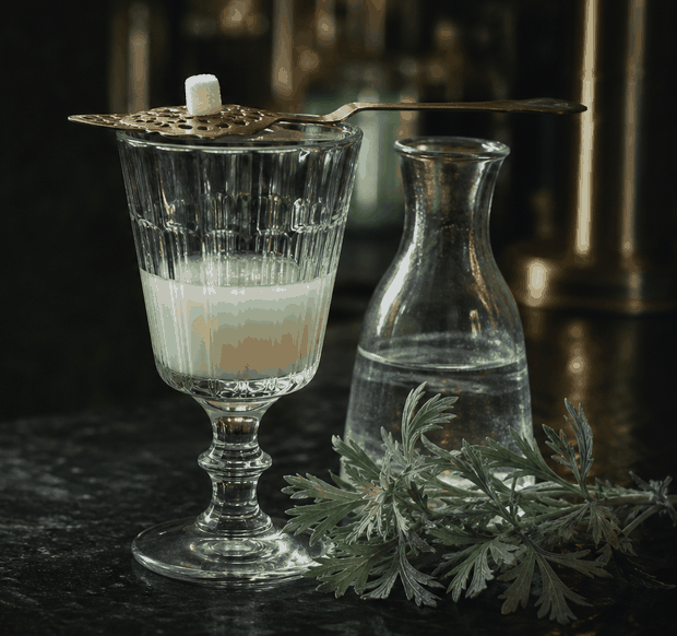 Absinthe service with glass, spoon, chilled water, and wormwood
